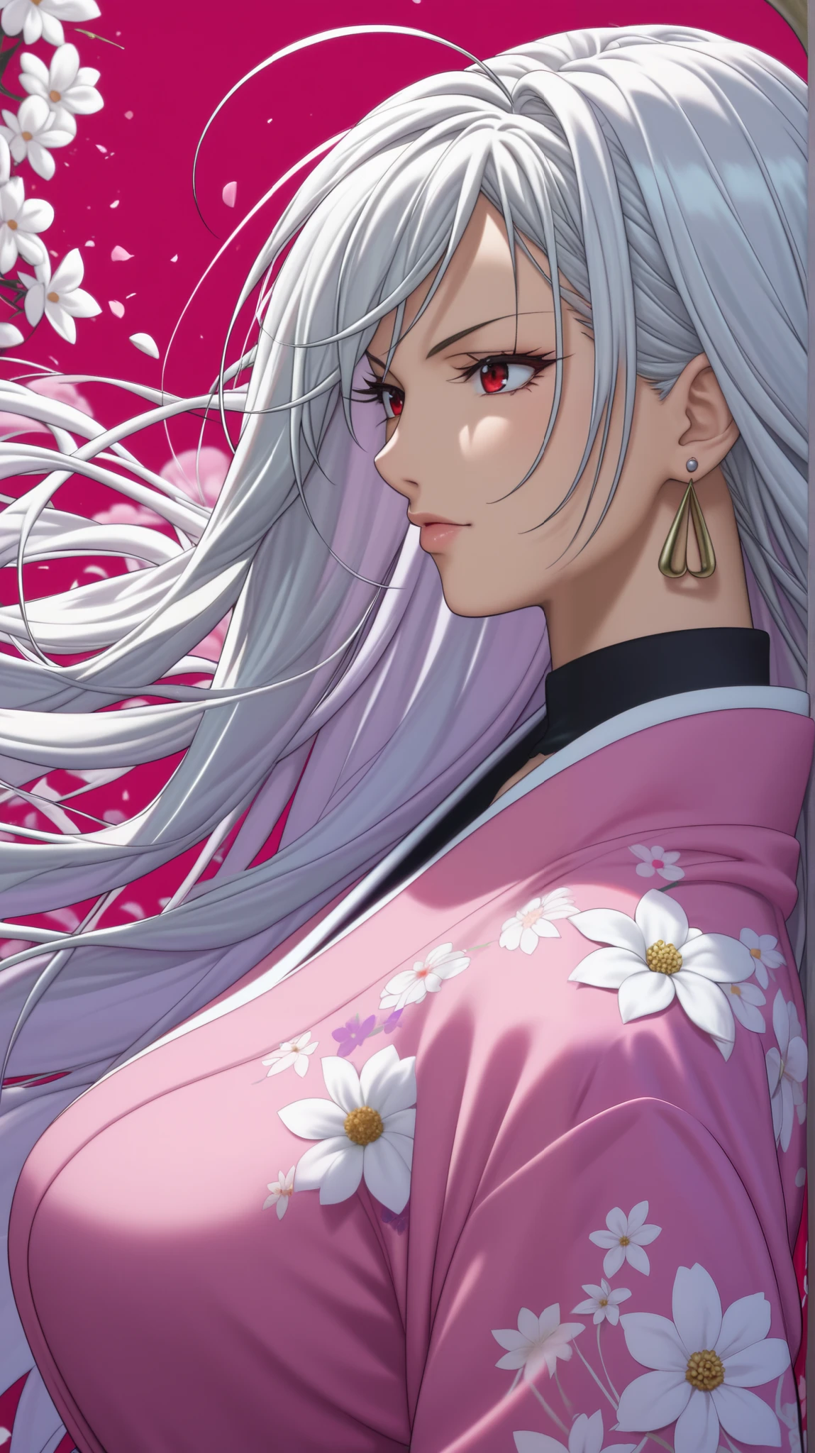 vampire moka akashiya, long hair, red eyes, ahoge, ((white hair)), large breasts, ((Taisho romance)), kimono, Flower frame, A lot of flowers in the frame, Decorative panel, (shot from a side angle), florals, Zentangle, Dynamic Poses,Abstract background, earrings, pluma,,harfbody shot,