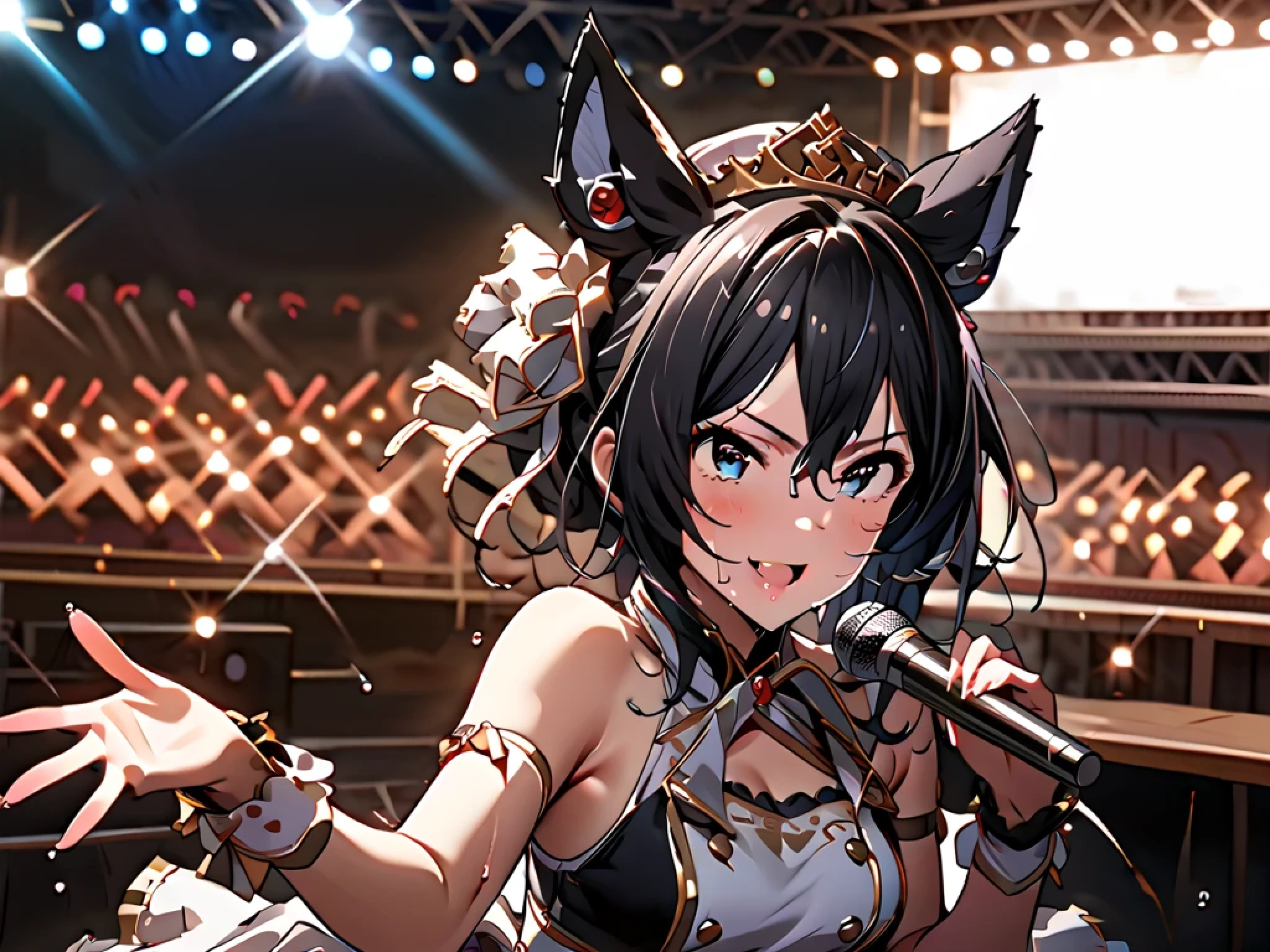 Cat girl ,Big cleavage ,In-person audience, beautiful, Angry face, Iris, Black Hair, Raise your hand, 