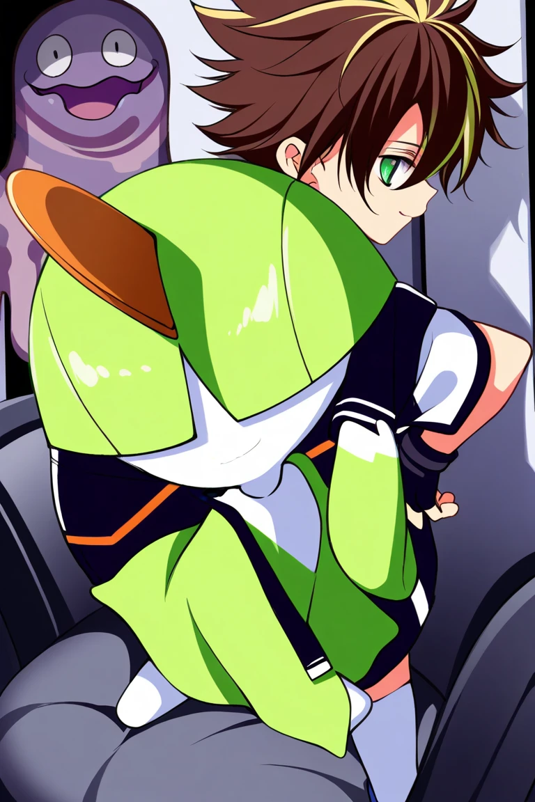 (character design sheet, same character, front, side, back), 30s man, male, persian, slightly muscular build, cute, ethereal, brown hair, glowing green eyes, Jock Letterman jacket outfit, beautiful, Belami Kris Evams