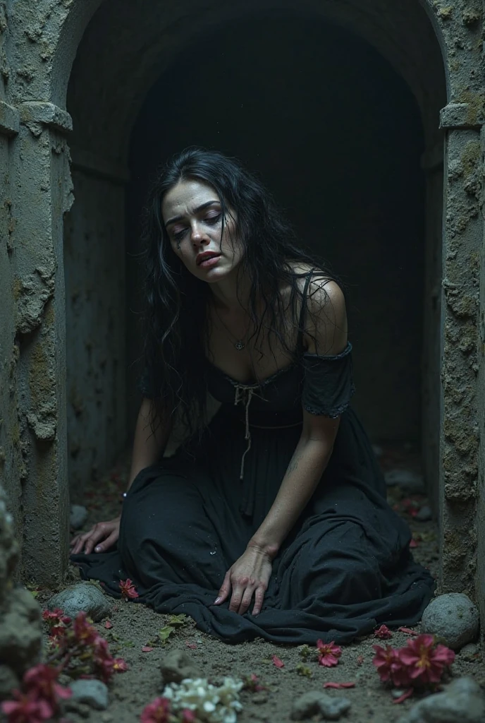 (Top quality, 4k, 8K, high resolution, Masterpiece: 1.2), Super detail, (realistic, photo realistic, photo-realistic: 1.37), oil painting, vivid colors, dark lighting, horror, mass kidnapping, forced collective sex, helpless beautiful woman, struggling, seductive beauty, Wild gang members, intense emotions, teary eyes, fear floating on her face, tied realistic hands and feet. In an abandoned tuff house, sassi_di_matera in background, dusty atmosphere, quiet cries, blood-freezing cries, begging for mercy, pain and anguish, anxious shadows, gritty textures, ominous atmospheres, emotional scenes, tooth-clenching fears, sharp claws, indomitable chains, evil intentions, horrible details, lurking danger, a sense of hopelessness, hopelessness, horrible