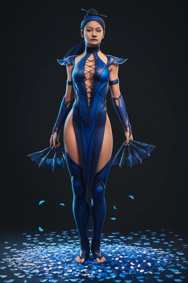 Kitana from Mortal Kombat, in blue mask, blue and black high cut leotard, blue and black leggings, standing in front of an elaborate throne, anime art style, intricate details
