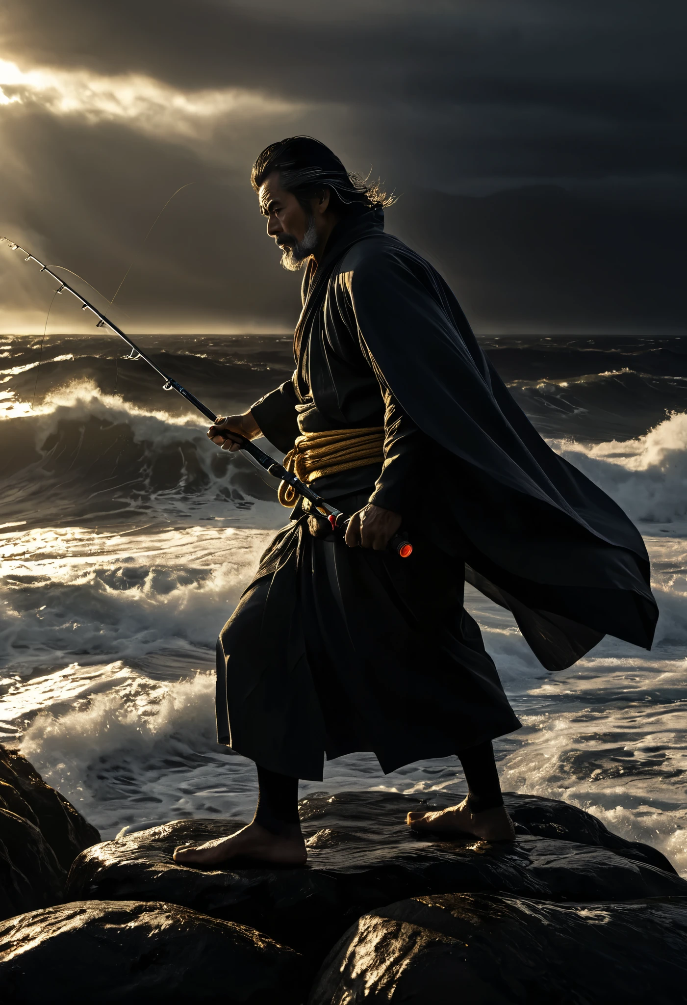 Ultra-detailed, Top quality and the best, High resolution, Ultra-detailed, Front view, Horizontal Angle, A cape with raging waves, An old ronin standing tall on a rock, He carries a fishing rod that emits a golden light on his left shoulder:1.3, A look into the distance,