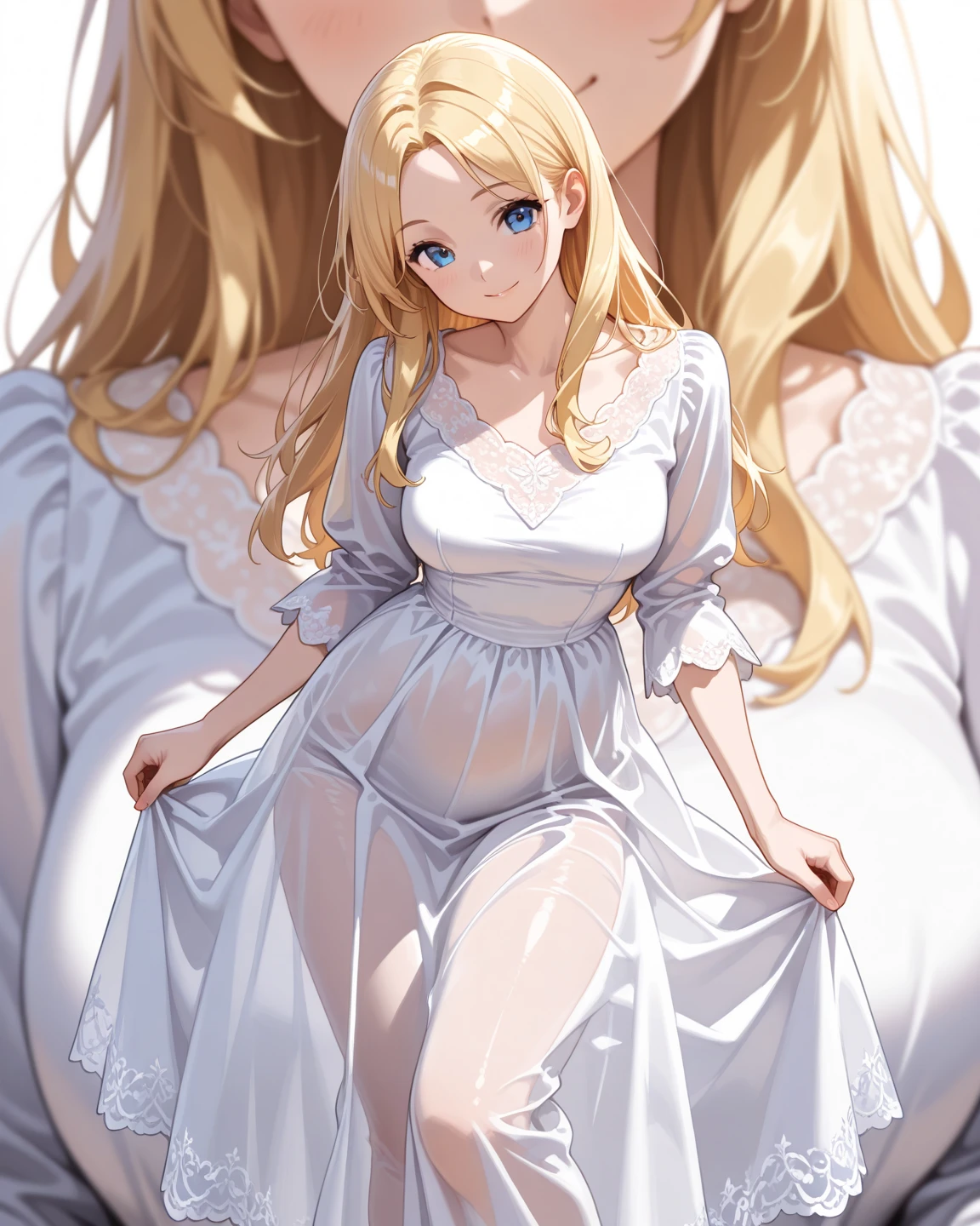 a woman in a white dress sitting on a bed, a manga drawing, by Yasutomo Oka, flirty anime witch casting magic, she has blond hair, big breasts!!, alice's sister