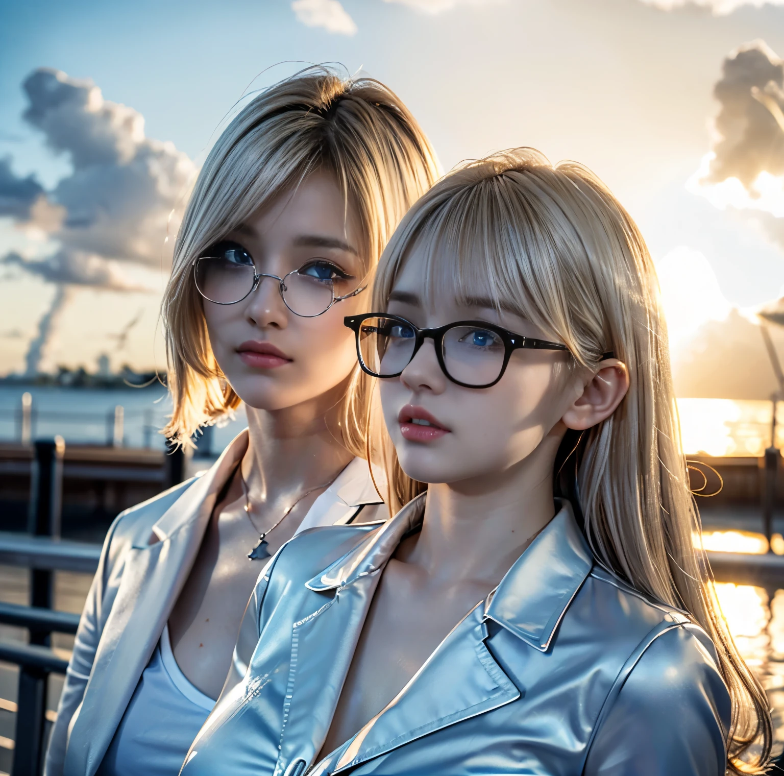8K quality, pictures, Two beautiful men and beautiful women, Beautiful like a goddess, The backlight of the intense sunset is dazzling, Above chest, (Shirt with no exposure at all), (Fine silver glasses:1.2), (Brilliant, beautiful, bright blue eyes:1.2), (Blonde hair blowing in the wind), (White Porcelain Whitening Skin), Half up with bangs, is very big, Photograph,