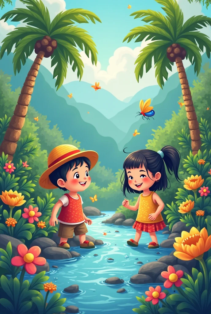 Pablito and his friend Maria (They are both children) They are sitting near the Pailón del Diablo waterfall. Water falls from a great height, creating a spectacular effect and vapor that forms a rainbow. Maria is offering Pablito a plate of roasted guinea pig and marshmallows, and they both laugh together. The environment is lush, with green vegetation and tropical flowers around.