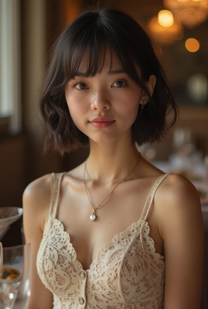 A 20-year-old South Korean woman with a pretty face, fair skin, short black hair, large breasts, wearing a bra that didn't cover her up, was sitting and staring at us.