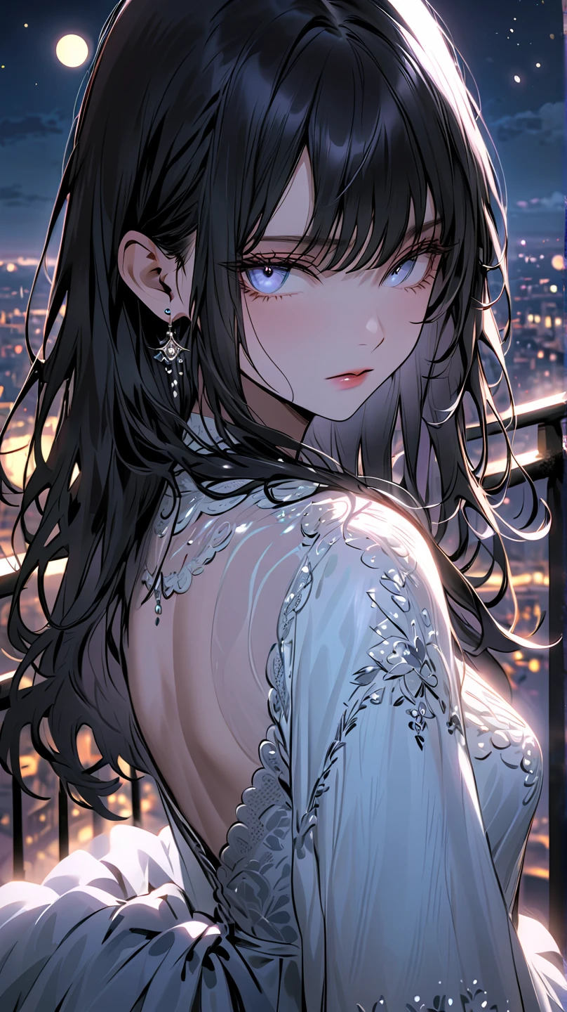 Portrait (a young woman:1.2)| (a girl:1.1), black skin, makeup, long curly hair, super detailed, city view, contoured. night sky