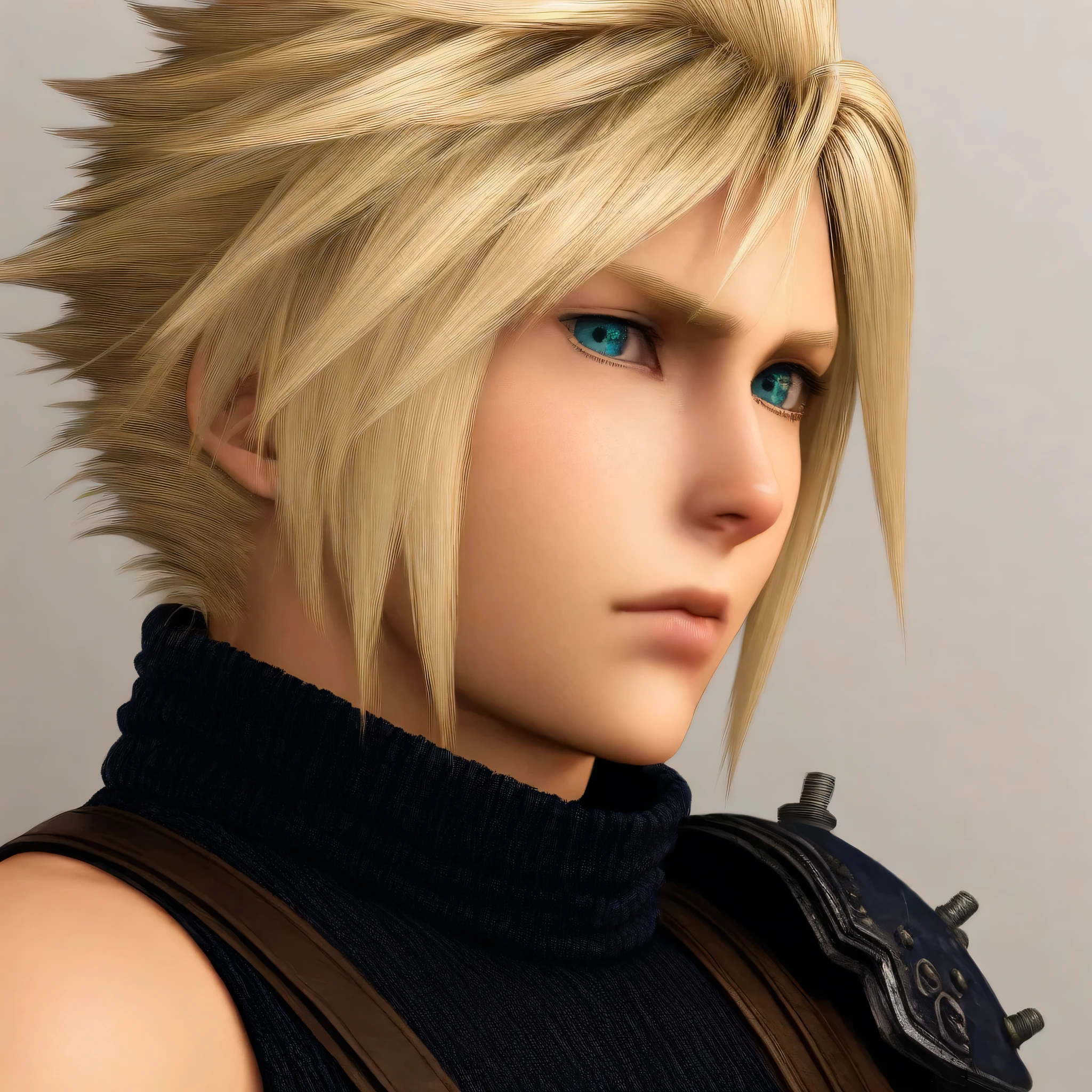 (masterpiece), (best quality), absurdres, highres, realistic,looking at viewer,1boy, solo, male focus , , ,cloud strife,blonde hair,blue eyes,short hair,spiky hair,looking at viewer, closed mouth,upper_body , sleeveless, armor, lips, turtleneck, suspenders, portrait,shoulder armor,sleeveless turtleneck, single bare shoulder,garden flower,