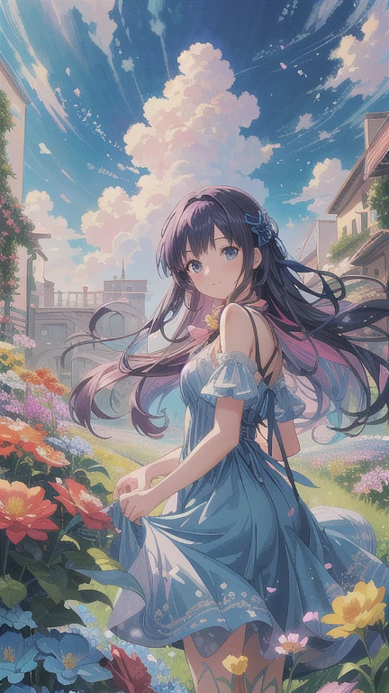 girl, beautifull, pretty, long hair, mature woman, beautiful purple dress, black hair, green eyes, super detail, flower on hair, gorgeous, beautiful backround, angel