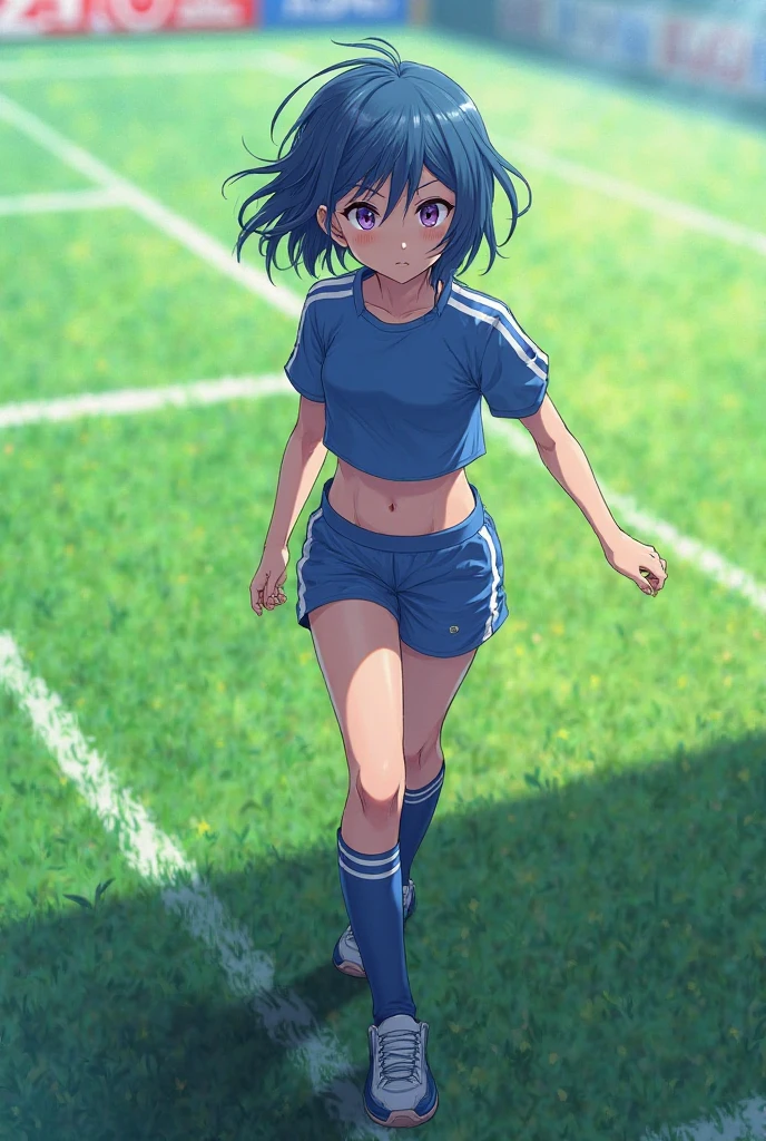 (masterpiece,highest quality,超A high resolution),japanese woman, (((very beautiful 12 year old girl))), pretty girl、look at the photographer、 ((short hair)), super cute face, glossy lips, double eyelids in both eyes,natural smile、 natural makeup, long eyelashes, Shiny and smooth hair、center image, perfect limbs, perfect anatomy,(((soccer uniform)))、(((turn around and look back)),(wet with sweat),,