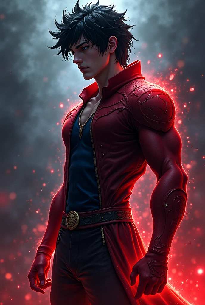 1boy, best quality, detailed face, detailed eyes, dark-skinned male, black hair, short hair, red eyes, serious, black shirt, short sleeves, white baggy pants, muscular male, simple background