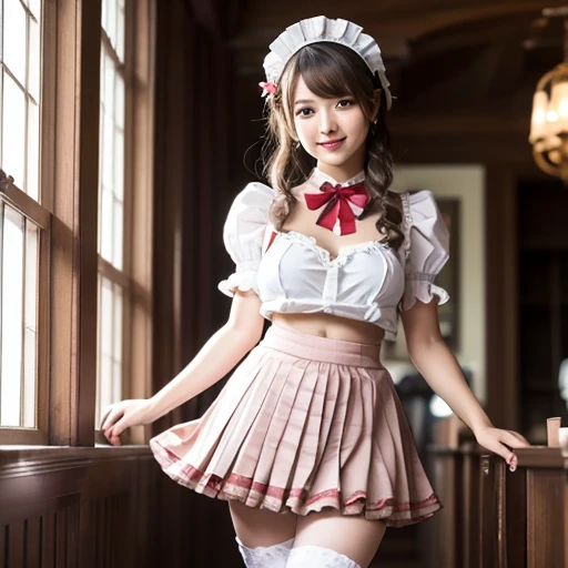 Cute face like a 15-year-old idol Smiling Kindly Japanese Gothic Lolita Cosplay Frills mini skirt Cleavage Slightly large bust indoor Western-style living room ((Full body portrait)) (Dim lighting) RAW Photos Ultra-high resolution Genuine live-action Realistic