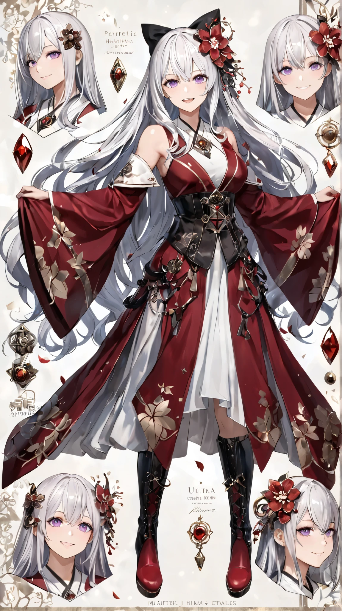 1人のMature Woman, Mature Woman, solo, human,full body, slim,
white hair, very long hair, with split bangs,big wavy hair,長いwith split bangs, garnet,
Glossy Skin, shiny skin.
purple eye, Person Wearing a Crystal , Like a jewel, Shine, starlike eyes .
Assassin,steampunk, gothic,black lace veil,
Hakama,boots,is standing.
calm, elegant, smile,with open mouth,
simple background,
hyper-detail on someone else's head, Ultra realistic shadows and texture.
4K, 8k resolution, masterpiece, Ultra Detailed Portraits .realistic human anatomy, realistic details from blow .
perfect anatomy, Perfect Posture, perfect hands, Completely.sagitales,
fantastic atmosphere, Cherry Blossom Hairpin ,Character sheet,full body,