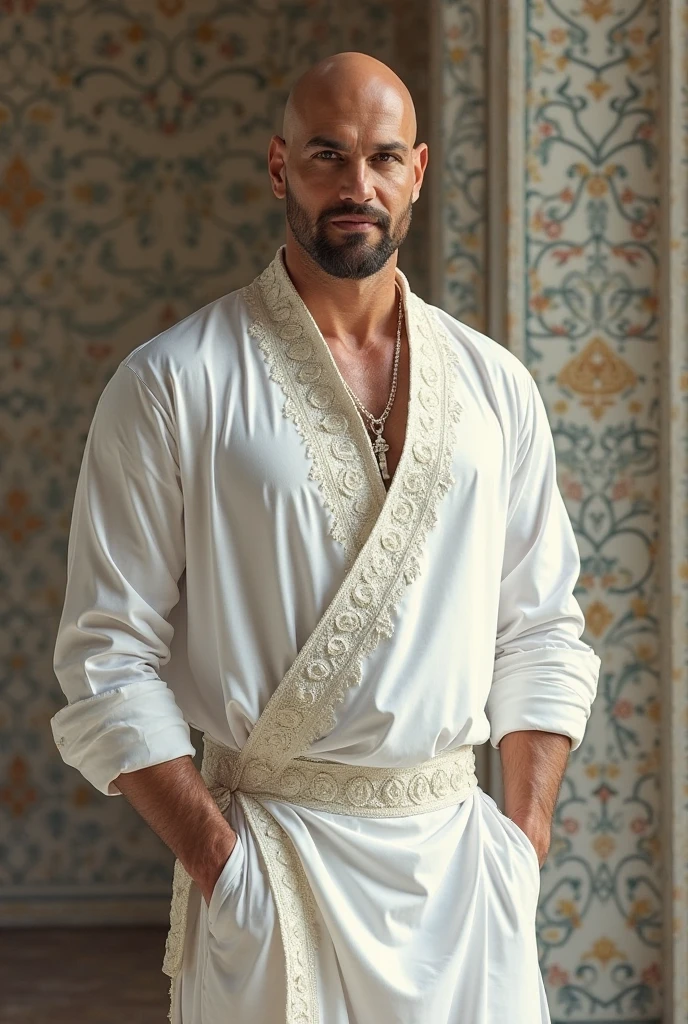 A sexy but inocent looking (man ), wearing a night gown type robe , intricate designs ,mediaeval period, gorgeous face, looking at me seductively, crisp and clear photo,homoerotic