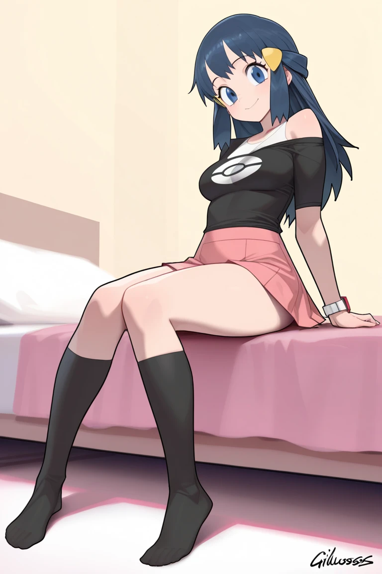 detailed digital art, slim girl, hair is in two pigtails, middle sized breast, mini skirt,slightly visible panty ((Red Black striped)), high kneesocks, laying on her back, legs wide spread, lustful Look, only underwear