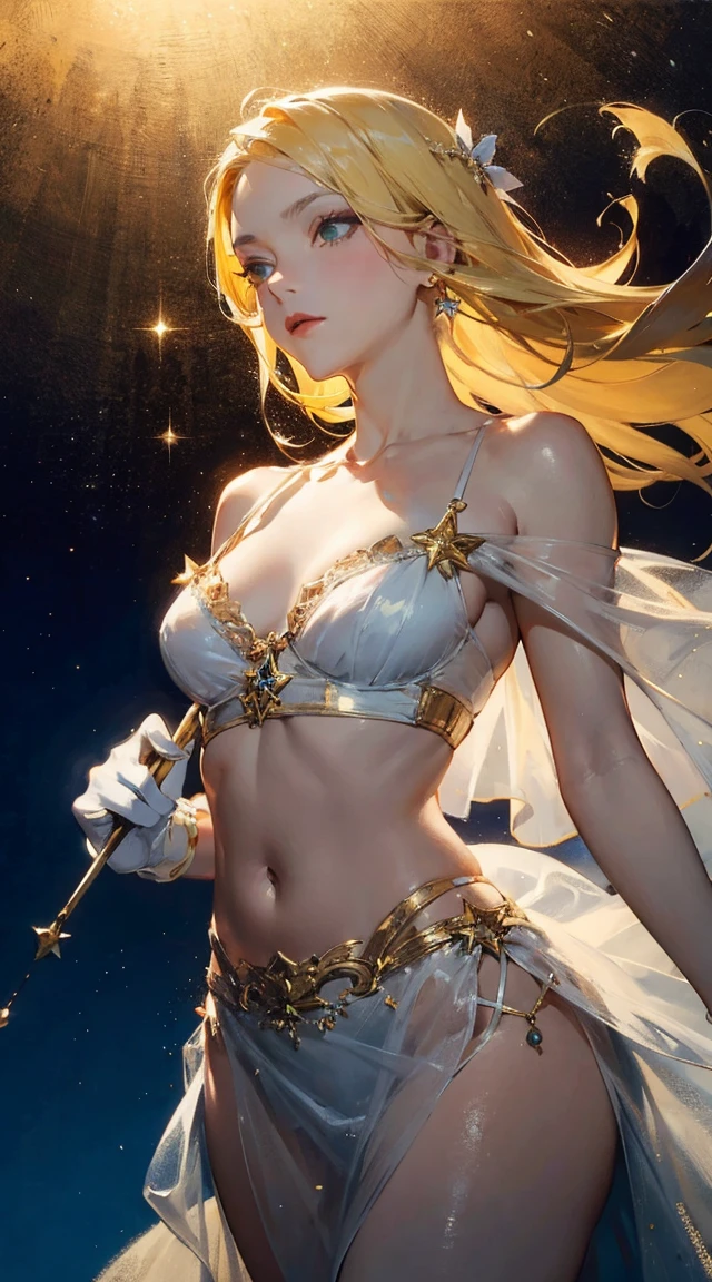 (10, best qualityer, work of art:1.4, ultra high resolution, ((highest quallity)), ((work of art)), (super verbose:1.4) an anime girl, cute anime girl, looking at the audience, anime girl, young anime girl, slickedback hair, natural blonde hair, mid-back length hair, amber eyes,(Beautiful, precise and detailed eyes, glare eyes), small lips, pale lips, Caucasian skin, short, breasts small, hard tits,(ultra high detailed breasts). big hips, perfectbody, attractive body, corpo sexy, Calm gaze, shy smile, golden ratio, (Perfect anatomy without destruction),(shiny hair:1.1,),(her face looks delicate and beautiful. her skin looks delicate and beautiful.), Fine body, slim tummy, white undershirt, Waist slender, へそ, detailed breasts, detailed breasts, ((pointed nipples))、The bright white outfit is divine,(fullmoon:1.1, Backgrounds with depth:1.3), playing with the light,