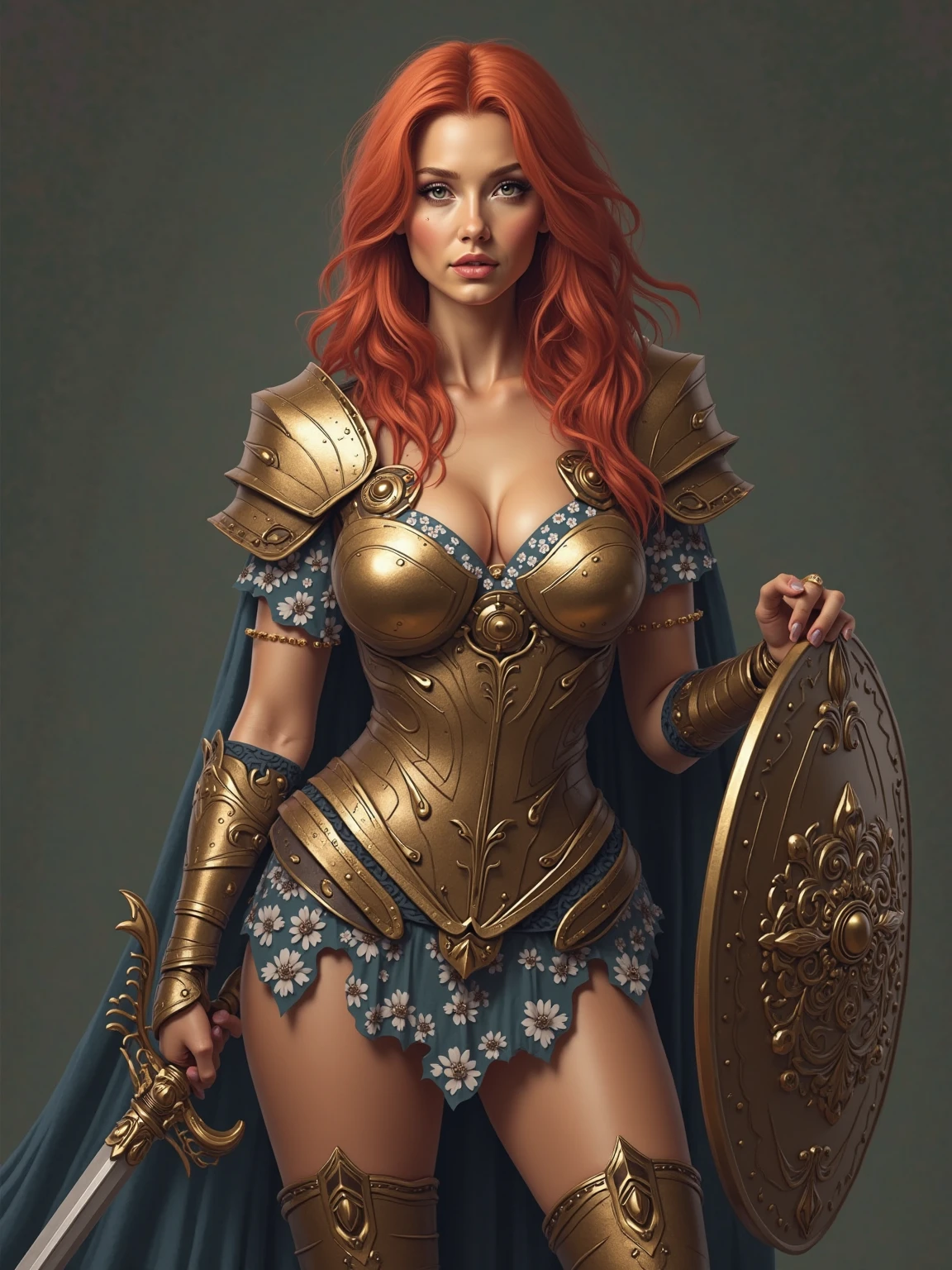 ((best quality)), ((masterpiece)), (detailed), symmetric face, a majestic warrior-queen, beautiful female, messy ginger, plate armor, gigantic shoulder armor, chiseled body, arm muscles, small buddha, intricate armor with fur elements, cleavage, intricate necklace, serious look, wearing a crown, long legs, high heel boots, royalty
