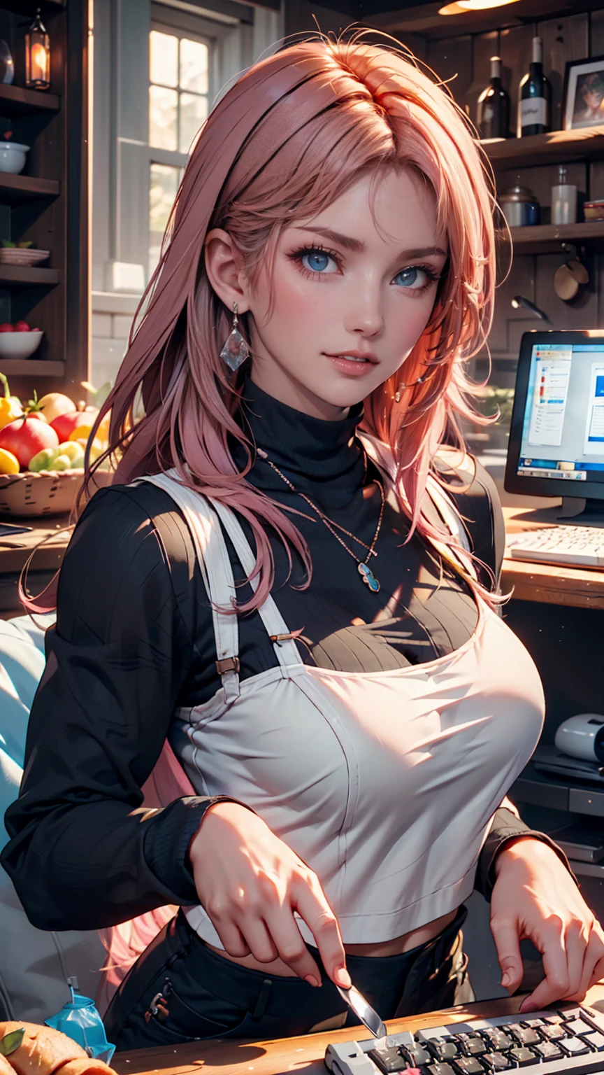 Mika Pikazo, One girl, blue eyes, blue Foodie, computer, Earrings, Food, Foodie, jewelry, keyboard (computer), logo, logo parody, mouse (computer), Variegated eyes, Pink Hair, trash can, alone, White Background, Yellow Eyes, ,