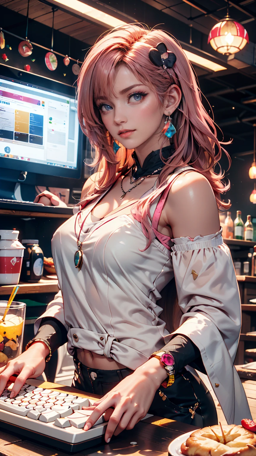 female Hyuran ffxiv blonde hair, techwear schwarz pink in Saloon in der Ecke mit Whisky in der Hand