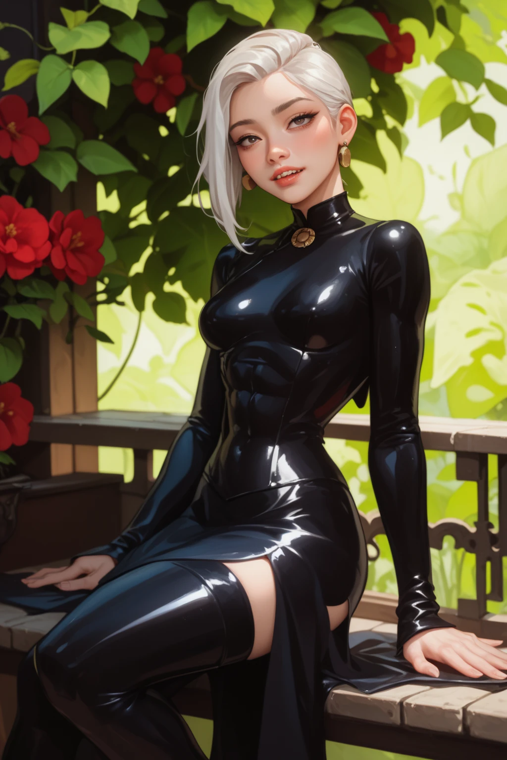 (ultra realistic,32k, masterpiece:1.2),(highly detailed skin:1.1),( high quality:1.1),
icy,one eye is closed,(mascara, long eyelashes:1.1) Blue eyes, White hair, ponytail, very long hair, black shirt, long sleeves, black skirt, white knee socks,Summer conditions on the field, full of bright flowers, blurred background,,,(I look at the viewer, standing from below:1.1),, (huge breasts,big breasts:1.1),(iridescence:1.1),