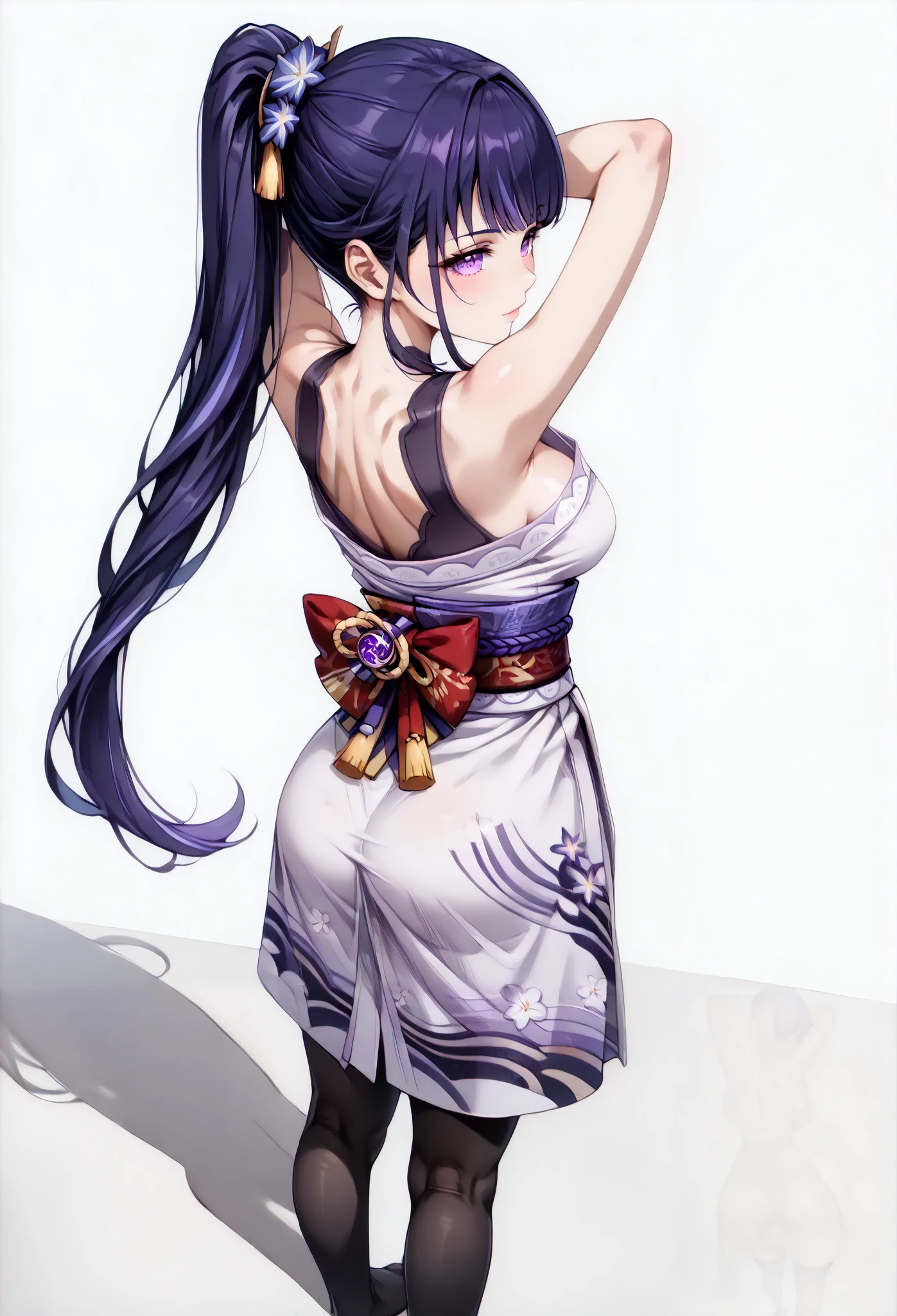 score_9, score_8_up, score_7_up, source_anime, 4K,perfect fingers,(perfect hands, perfect anatomy),prefect lighting, very aesthetic, intricate details,highly detailed background, masterpiece, high quality, best quality,
raidenshogun, raiden shogun, ((ponytail hair:1.5)), hair flower, hair ornament, long hair, mole, mole under eye, purple eyes, purple flower, purple hair, large breasts,,
wearing ((short yukata, sleeveless, cleavage, black stockings, )),,
Standing, A sagging breast, ((White plain background:1.5)) , looking at the spectator, ((arms behind head:1.5)), ((Back view:1.5)), ((High Angle View:1.5)),