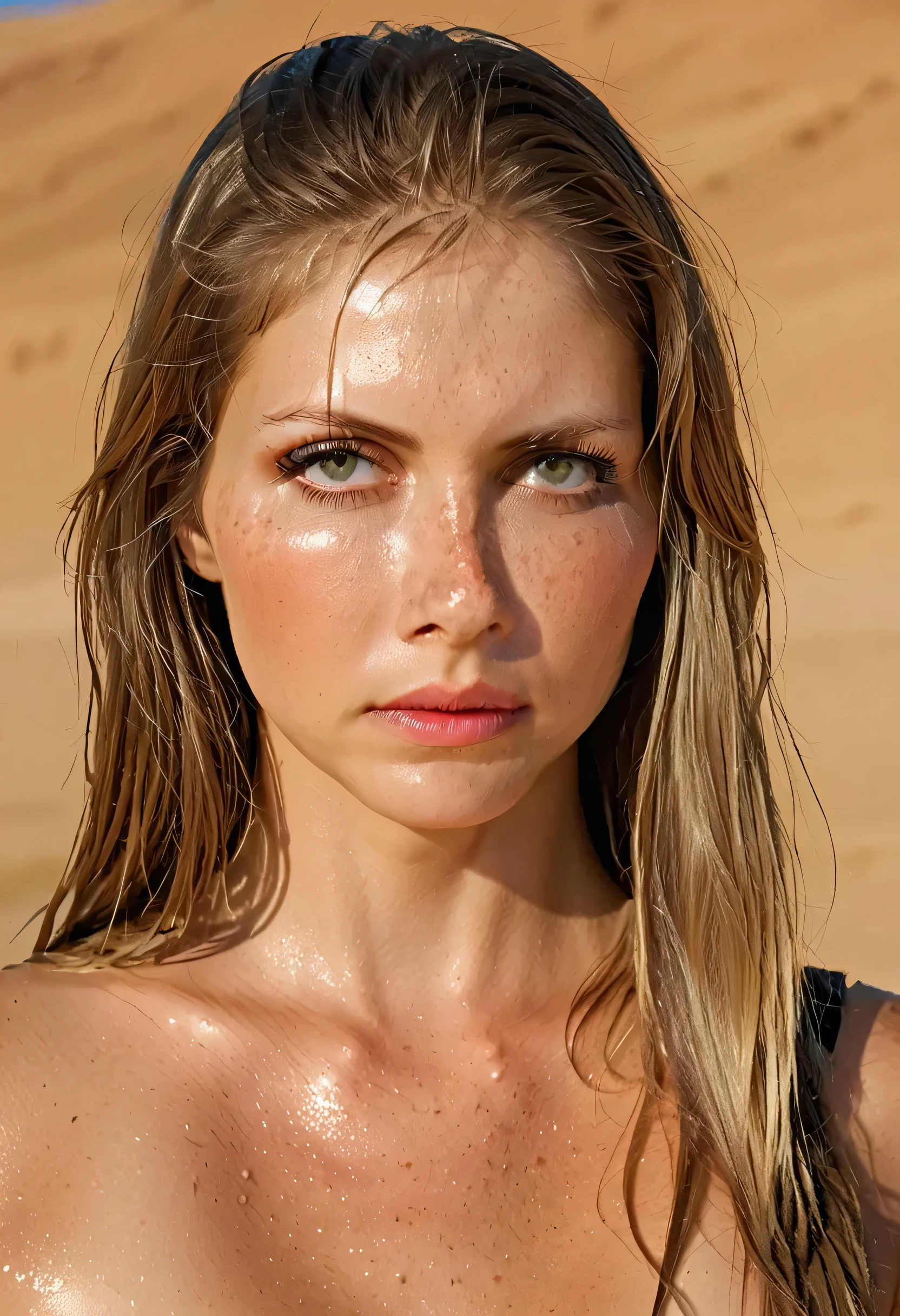 score_9,score_8_up,score_7_up, a extreme beautiful 18yo woman, (((high detailed face))), (((hiper realistic face))), ((high detailed eyes)). Create an image of a thin, athletic woman, ((wet hair)), dirty, She is a soldier in a war and desert environment. She has wet blonde hair, vibrant green eyes, extreme beautiful nipples, and flawless white skin, skin covered in sweat, lubed skin. Despite being an experienced combatant, She's injured, Sweaty and tired, but continues to fight with determination. Use bright sunlight and desert sand to create a realistic scene, desolate atmosphere. Try different angles and perspectives to capture the essence of their bravery and resilience, and use a hot, earthy color palette to emphasize the dry, desert environment. realistic photo, close up, freckles, (((extreme long hair to the waist))), ((wet hair))), wet dripping hair, ultra-realista, obra-prima, alta qualidade, highres, absurdes, ray tracing, “photorealistic portrait of a beautiful!!! aesthetic!!!, kodak film, ultra realistic face, photorealistic effect, 8k, perfetc eyes, perfect edges, perfetc body and hair ultra realistic, hair with great details, face photorealistic, perfect face, perfect anatomy, photorealistic, photo, masterpiece, realistic, realism, photorealism, high contrast, photorealistic, 8k HD high definition detailed realistic, detailed, skin texture, hyper detailed, realistic skin texture, armature, best quality, ultra high res, (photorealistic:1.4),, high resolution, detailed, raw photo, sharp re, nikon d850 film stock photograph 4 kodak portra 400 camera f1.6 lens rich colors hyper realistic lifelike texture dramatic lighting, unreal engine, cinestill 800