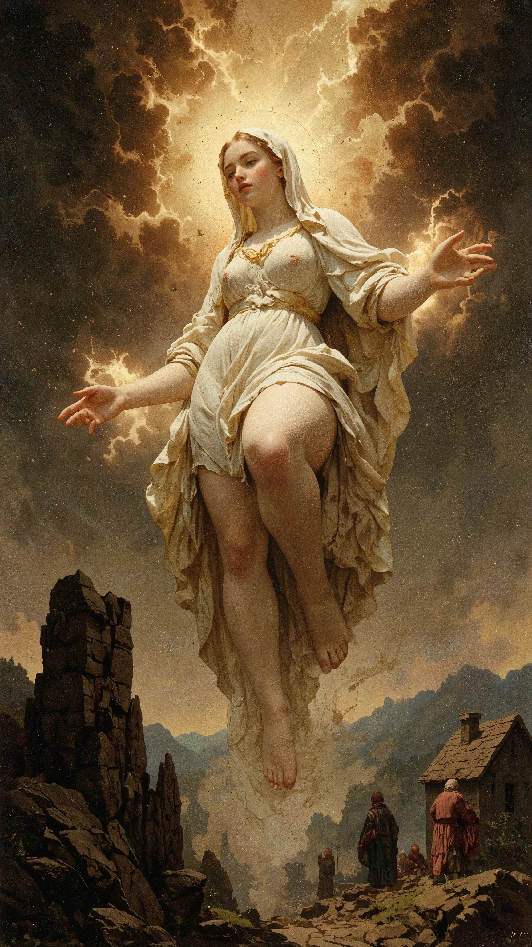 ((NSFW)),
19th Century style,
Full body,
Old photo,
A photograph of a beautiful Madonna descending in a blaze of light near a small church in the Italian countryside in the 19th century. The Madonna is large and a little blurry.