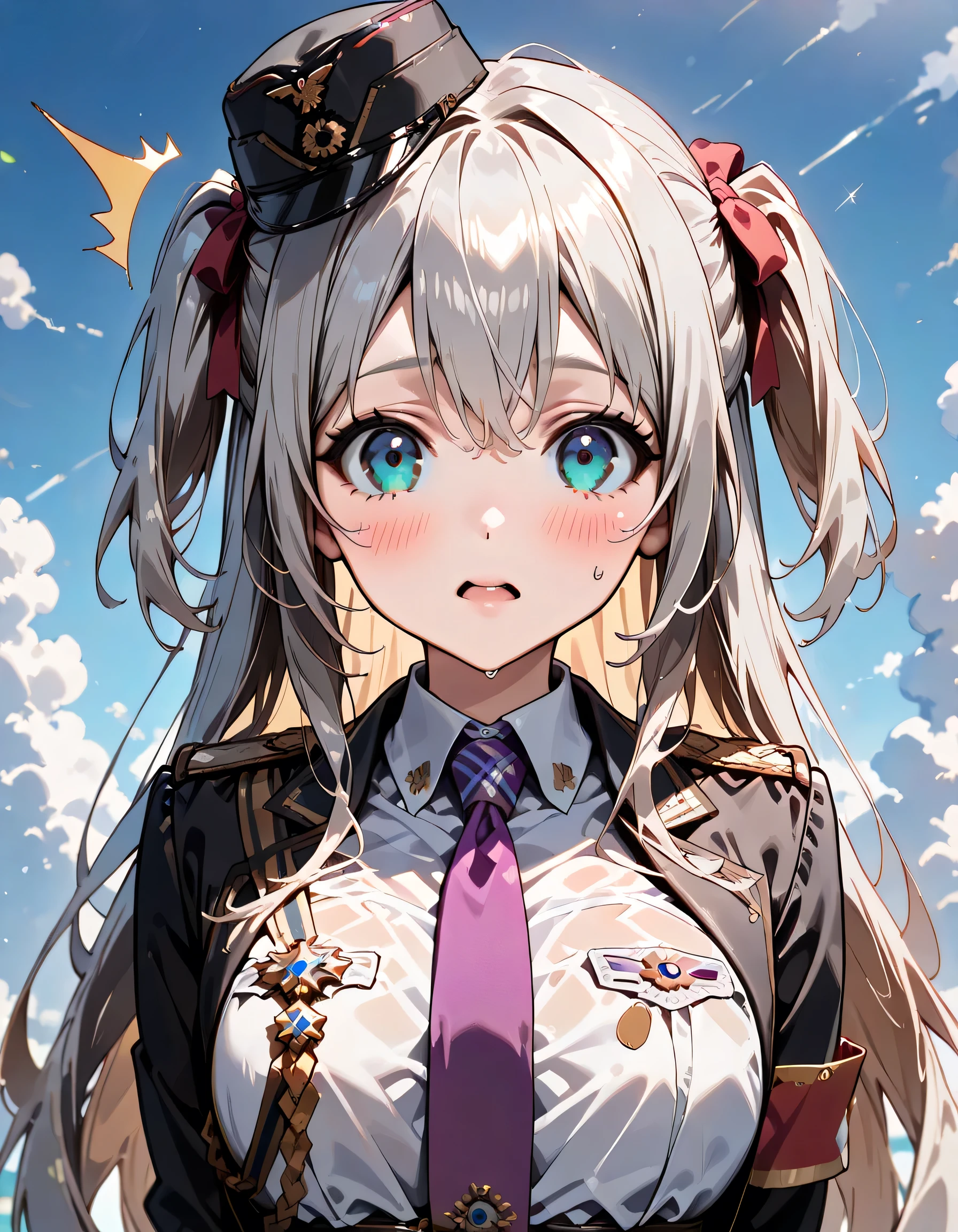 ((ultra-detailed)), (highly detailed CG illustration), (best quality:1.2), ultra-highly detailed, colorful composition, artistic photoshoot, 1girl, solo focus, ((upper body:1.4)), moe anime character, girl, dainty facial structure, (baby face), (round face), ((rounded chin:1.2)), celia-default, celia claire, ((blue eyes:1.4)), ((silver hair color)), ((two side up hair)), ample breasts, ((french air force light blue uniform with gold decoration during World War II)), ((white collar inner shirt)), ((french military kepi hat with light blue World War II:1.4)), ((pale purple tie:1.4)), ((legion of honor medal on breast with red ribbon:1.4)), ((sam brown belt with shoulder strap:1.4)), ((surprised:1.6)), ((blush:1.4)), ((looking viewer)), ((wet:1.4)), ((Sweat:1.4)), ((Blue sky and clouds background)), from front, best quality, masterpiece, expecting, pink cheek, blush, light pink gloss slip, portrait, depth of field, soft lighting, sidelighting, (shine), lighting, caustics, ray tracing, perfect face, lustrous skin, highly detailed face, perfect face, perfect nose, perfect hair, perfect anatomy, beautiful hair, beautiful small face, extremely detailed face, beautiful clavicle, beautiful body, beautiful ample breasts, leavage, breasts squeezed together, equalize the size of the left and right breasts, beautiful fingers, 4 fingers, 1 thumb, lovely, (very detailed background:1.0), (highly detailed background:1.0), spring aesthetic, intricate details, joyful atmosphere, spring colors palette, chromatic aberration