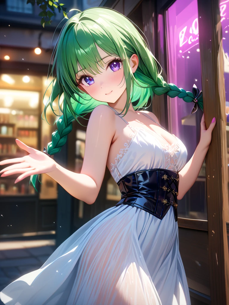 Green hair,big breasts beautiful,A tranquil,soiree,shift dresses,Prom,blueneyes,lamplight