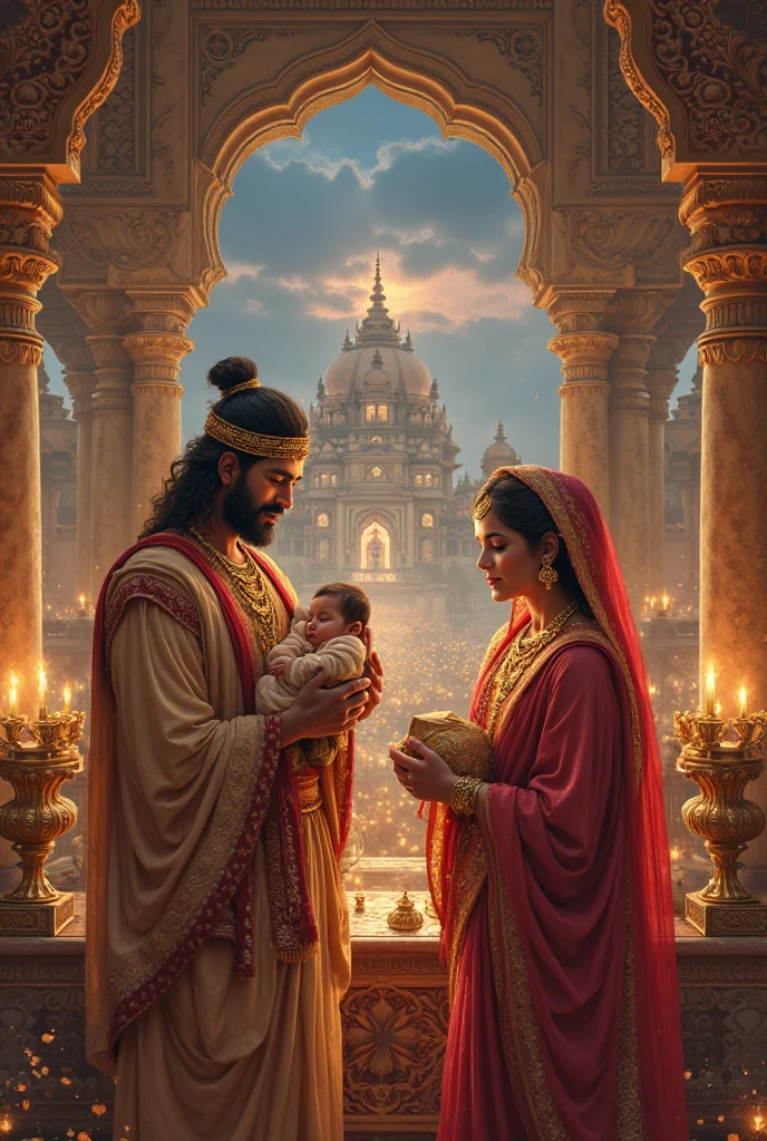 Indian king and queen with her newborn baby boy in the garden with servants lake flowers animals birds and her friends ..