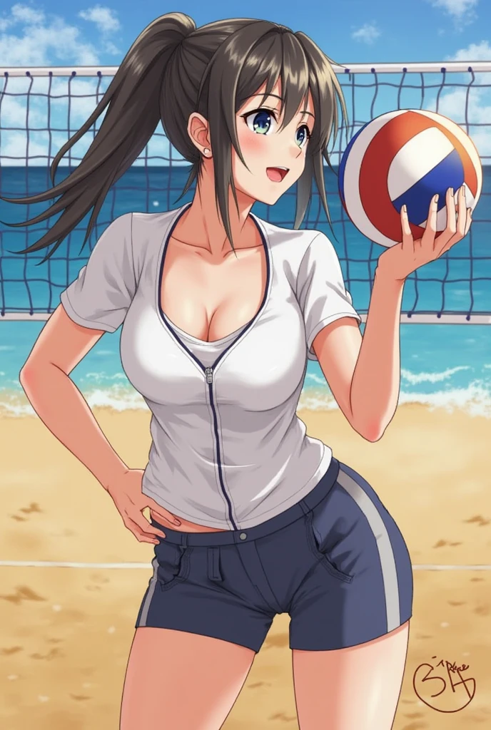 (((medium breasts))), ((best quality)), ((masterpiece)), (detailed), (((perfect face))), ((slender teenage girl)), (((wearing short black cycling shorts))), ((medium breasts)), ((brunette)), ((ponytail)), ((((topless)))), (((blue eyes))), ((shy:1.3)), ((blushing:1.5)), ((skinny thighs)), ((skinny hips)), (((girl looking away))), ((bare stomach)), ((bare arms)), ((bare shoulders)), (((standing feet apart))), (((outdoor volleyball court, stands)))