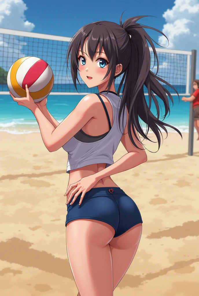 quietmetalgear, ponytail, wide hips, thighs, solo girl, beach_volley, brown hair, ponytail, green eyes, long hair, from behind, jumping