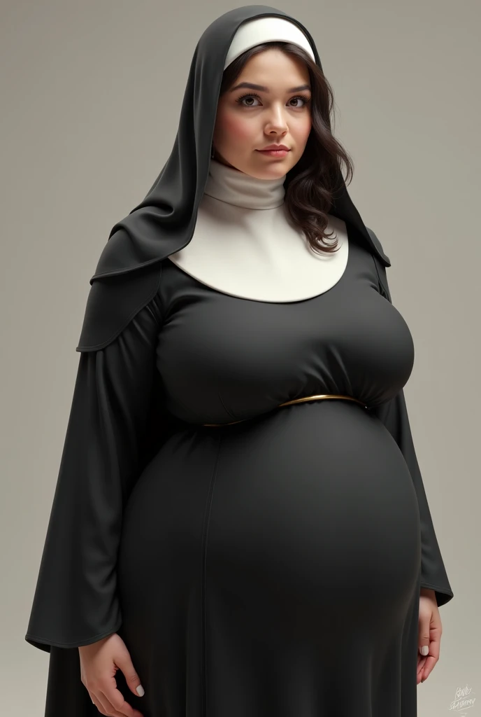 Nun with huge hips in high heels perspective from below