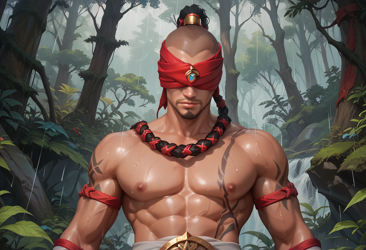 Japanese man surrounded by colorful mushrooms Portrait Blindfold Macho