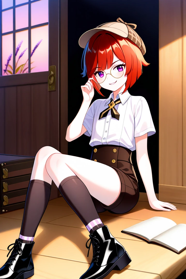 (Masterpiece), Best Quality, ultra-detailed, 1girl (Gwendolyn_Tennyson,  Slender and sexy body, lovely small breasts, orange hair, long wave hair, green eyes, half-closed eyes, spectacles), a come-hither face, smirk , parted lips, nose blush, blush, facing viewer, looking at viewer, solo, business suits, business jacket,  dark blue jacket, white y-shirts(buttons), necktie,  tight skirt,dark blue skirt, black lace thighhighs, in the classroom, night time, , sitting,  sitting on desk, crossed_legs, come-on, lure,, Sexy waist teasing,  , 