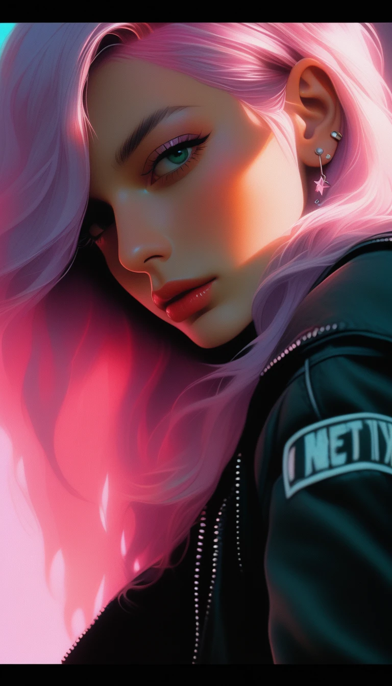 (beautiful and clear background:1.2), high detailed eyes , underwear, lace, latex, Pink, Purple, mint, Blue, Yellow, lavender hair, body piercings, Loving, Love, ultra detail hair, Masterpiece, Best Quality, hiquality, hight resolution, detail enhancement, ((most beautiful image in the world)), Masterpiece, Best Quality, hiquality, hight resolution, detail enhancement, ((most beautiful image ), art by stjepan sejic, art by j scott campbell, Artist Guillem March, art by citemer liu, 4k, hight resolution,high quality detailed, style of ::2.0 comix illustration style,hiquality, hight resolution, detail enhancement, 8K, HD, Best Quality, hiquality, hight resolution, detail enhancement, 8K, HDR, sharp-focus, Ultra Detailed, perfect lighting, Curvy Body, Lush breasts, Curvy hips, rock, rock star, Cool,black leather jacket , style of, spikes, Cat's ears, Cool bracelets, Choker, Short shorts, fishnet pantyhose, Heart Print, Heart,