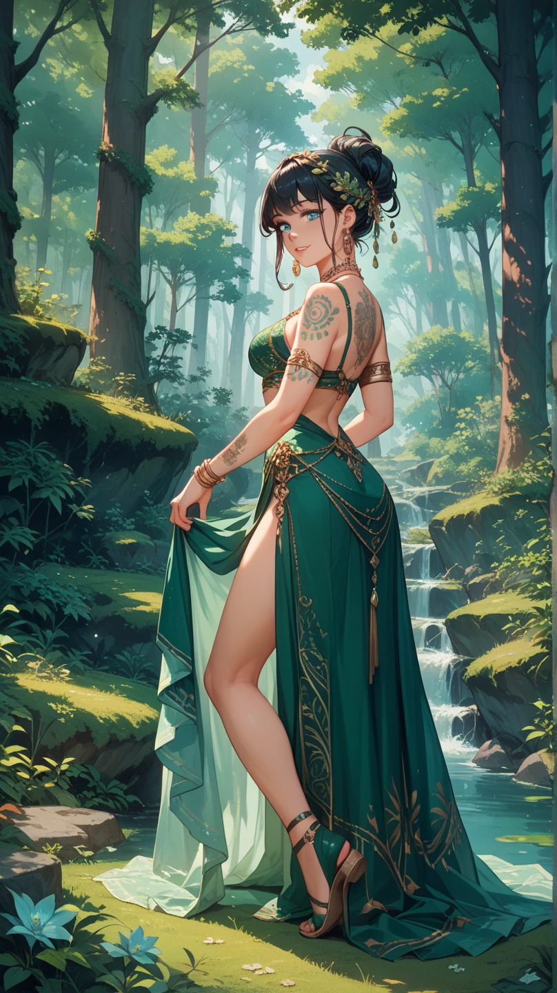 (digitial painting),(best qualtiy),Close-up of a beautiful woman,(((The bow and arrow are pulled in the hand,))),Primitive tribesmen dressed up,There is only a grass skirt on the body,Deerskin chest,No other clothing,Barefoot,In tropical primeval forests,Green moss,Small rivers,grape trees,Huge trees,Cover the sky,Fallen trees,8K hyper-realism,Strong color scheme,gentle illumination, prime time, Enigmatic Atmosphere,