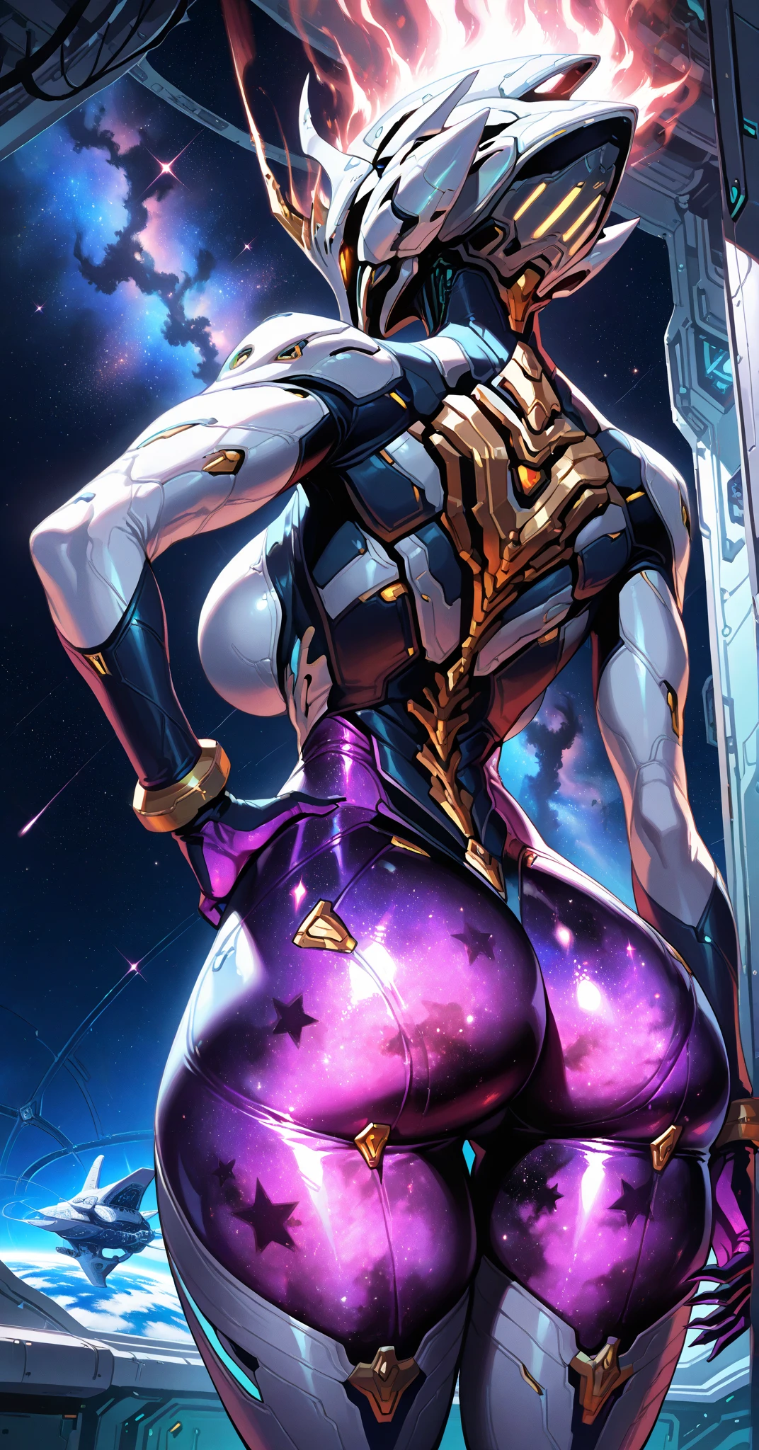 ((Best quality)), ((masterpiece)), ((realistic)), A girl with galaxy hair, galaxy eyes, skin the color of galaxy cosmic dust, rotated pale lips, standing in a galaxy background, planetary lighting, in the style of Artgerm Lau, on eye level, scenic, masterpiece.