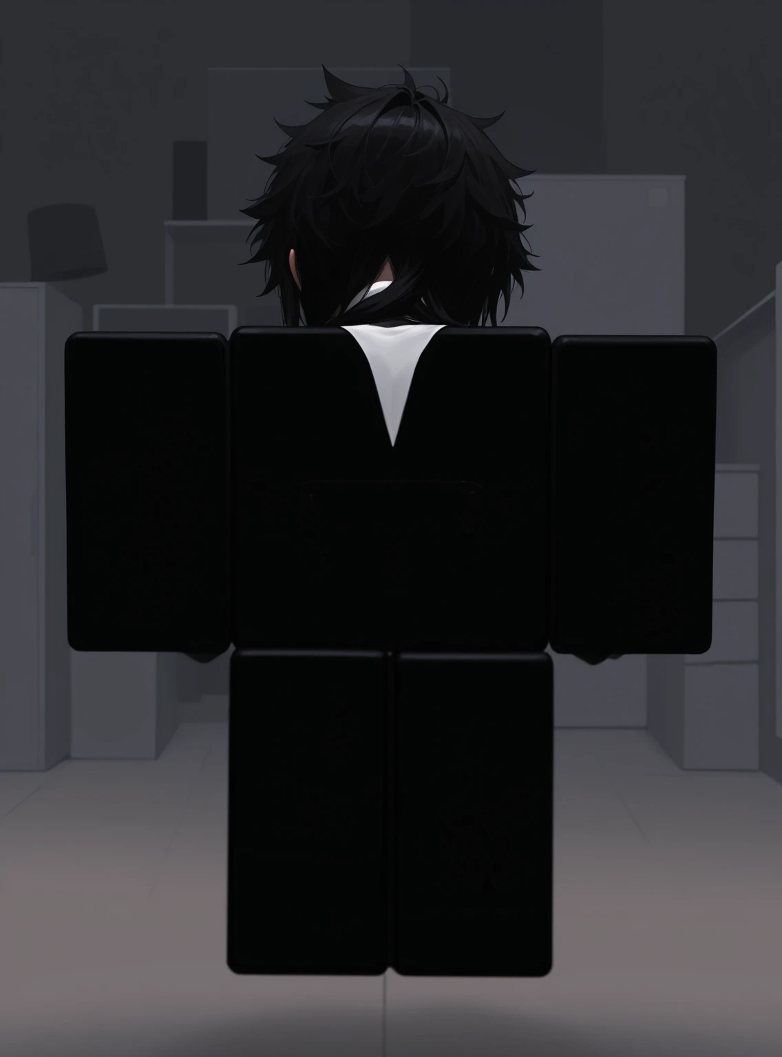 15 year old boy with white skin and white sweater with black pants and black hair