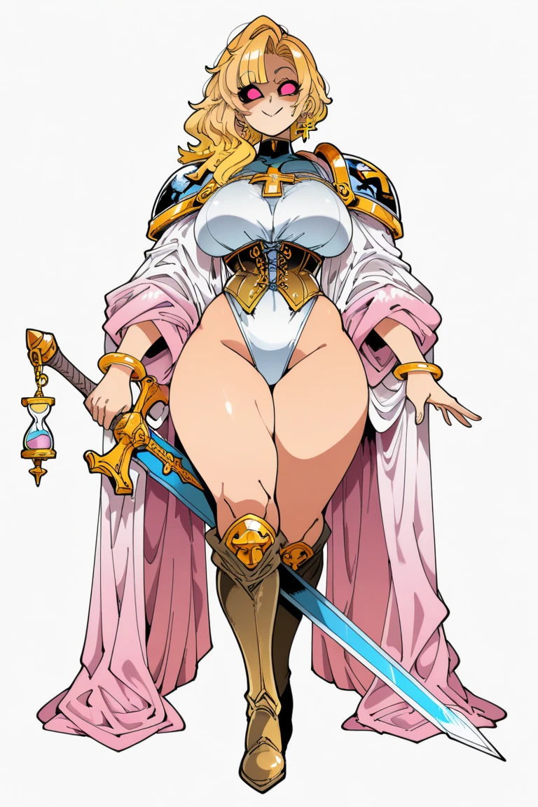 Turn your face and look straight ahead, Beautiful busty woman standing facing the front, (standing proud:1.4), (cowboy shot:1.2), (High Resolution), (Very Detailed), (Best Photo), (Best Quality), (Ultra Detailed), (​masterpiece:1.5), very precise details,(Ultra High Resolution:1.4), the Extremely Detailed CG Unity 8K Wallpapers, highest quality, hight resolution, (Realistic, Photorealsitic, hyper realisitic:1.5), (Curve, Model, Farbe care:1.5), Farbe_aberration, the light shines on your face, profetional lighting, anime styled, beautiful hair, detailed hair,(Detailed Face), (Beautiful Detailed Eyes), Beautiful breasts, beautiful detailed shadow, Beautiful body, Beautiful skin, beautifull hands, precise details hands, beautiful fingers, very precise detailed fingers, (Ultra-detailed face, Detailed eyes:1.4), beautiful eyebrows, cool eyebrows, (Aesthetic Anime Eyes:1.4), (Light from the front :1.4), (1girl in:1.4),(Solo:1.4), (Mature face and body), (city center:1.3), (york:1.2), highrise buildings, daylight, on the street, cars, (Beautiful cute face), (beautiful female lips), Charming, ((aroused expression)), looks at the camera with a gentle smile, earrings glossy lips, (juicy female lips), perfect female body, Beautiful waist, beautiful long eyelashes , put hands on the hip, raise the corners of the mouth, tilt her head, 30year old, mature female, Kurapika, 1girl, ((scarlet eyes)), blonde hair, ((bob hair)), flowing hair, fluttering hair, long legs, very large breasts, long breasts, saggy breasts, hips wider than shoulders, wide hips, pelvic curtain, beautiful thighs, thick thighs, garnet earrings, simple clothess, ((full bodyblue tabard:1.4)), ((gold trim)), white shirt, long sleeves, puffy sleeves, white pants, ((simple yellow wide waist belt)), (blue very long skirt), (pantyhose:1.3), brown pantyhose, black high heels, pumps, hide breasts, full body