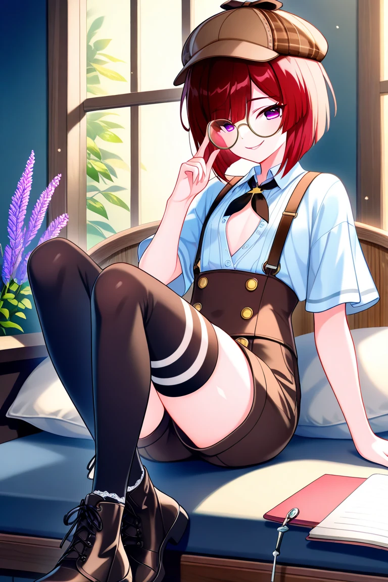 1 girl, masterpiece, best quality, highres, ro1, Misty from pokemon, green eyes, half-closed eyes, spectacles), a come-hither face, smirk , parted lips, nose blush, blush, facing viewer, looking at viewer, solo, business suits, business jacket, dark blue jacket, white y-shirts(buttons), pleats skirt,dark blue skirt, black lace thighhighs, in the classroom, night time, sitting, sitting on desk, spread legs, black lace panties, come-on, lure, Sexy waist teasing, , from_below , full body, cleavage