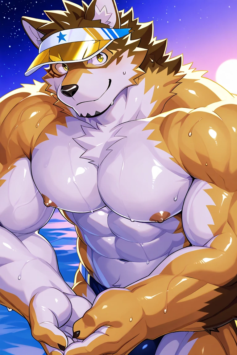 (masterpiece, 4K, ultra detailed), lion furry, orange fur, beige belly fur, red medium length hair, bowtie, masculine, smooth lining, simple coloring, noon, outside, age, muscular, eight-pack, lean, naked, cartoony, anime, blue anime eyes, penis