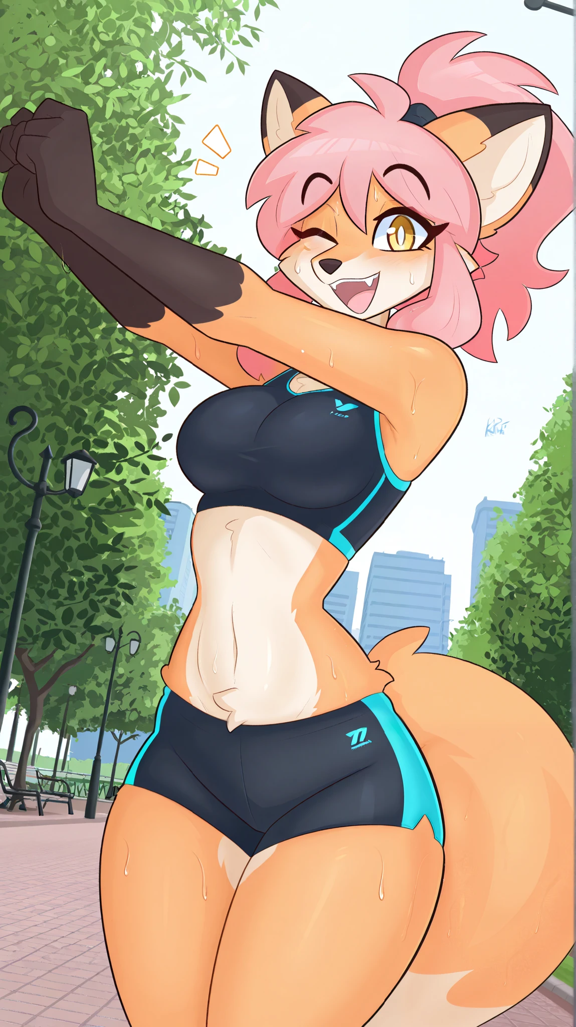 masterpiece, best quality, amazing quality, very aesthetic, high resolution, ultra-detailed, absurdres, newest, scenery, female focus, contrast lighting, side lighting, masterpiece, best quality, newest, absurdres, highres, amazing quality, very aesthetic, no lineart, cinematic, dynamic angle, solo, ambient lighting, 1girl, fox, furry female, yellow eyes, fangs, cute smile, open mouth, medium hair, pink hair, messy hair, looking at the viewer, tail, medium breasts, thighs, hips, ager (19-year-old girl), sports top, sports leggins, park setting, stretching arms, sweating, cute eyes, ponytail, one closed eye, arched back, front view, low angle, kilinah