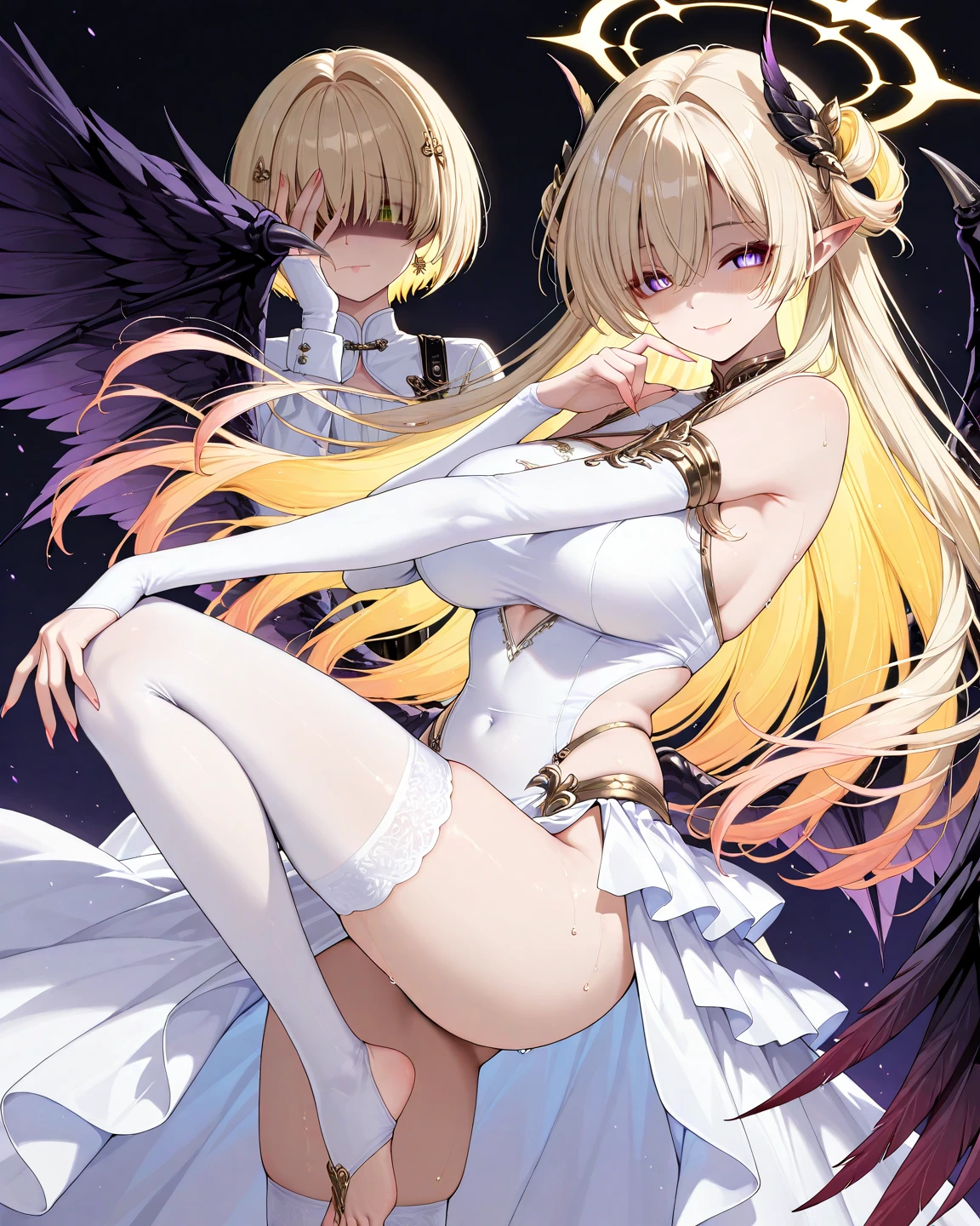 Egg-colored demon girl + Wear a white swimsuit with sleeves + white boots + It has white wings over black on its hips. + long yellow hair + yellow eyes + There is a small yellow star on the left cheek. + has a white tail + white ribbon + He has gray-white horns. + Has a black collar + There is a white shawl that leaves the middle