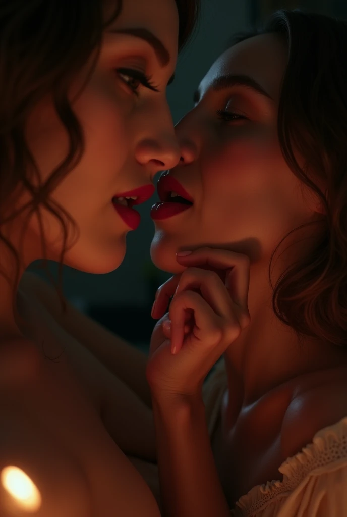(ultra-detailed, epic realism), (nsfw), bokeh, itricate details, kissing, 2girls facing each other, chest against chest, kiss, red head and blond girl, naked girls, indoors, narrow storage room, detailed background, twilight, intimacy, soft lighting, (hyperrealistic, 8K award-winnig art:1. 2) kkw-ph1