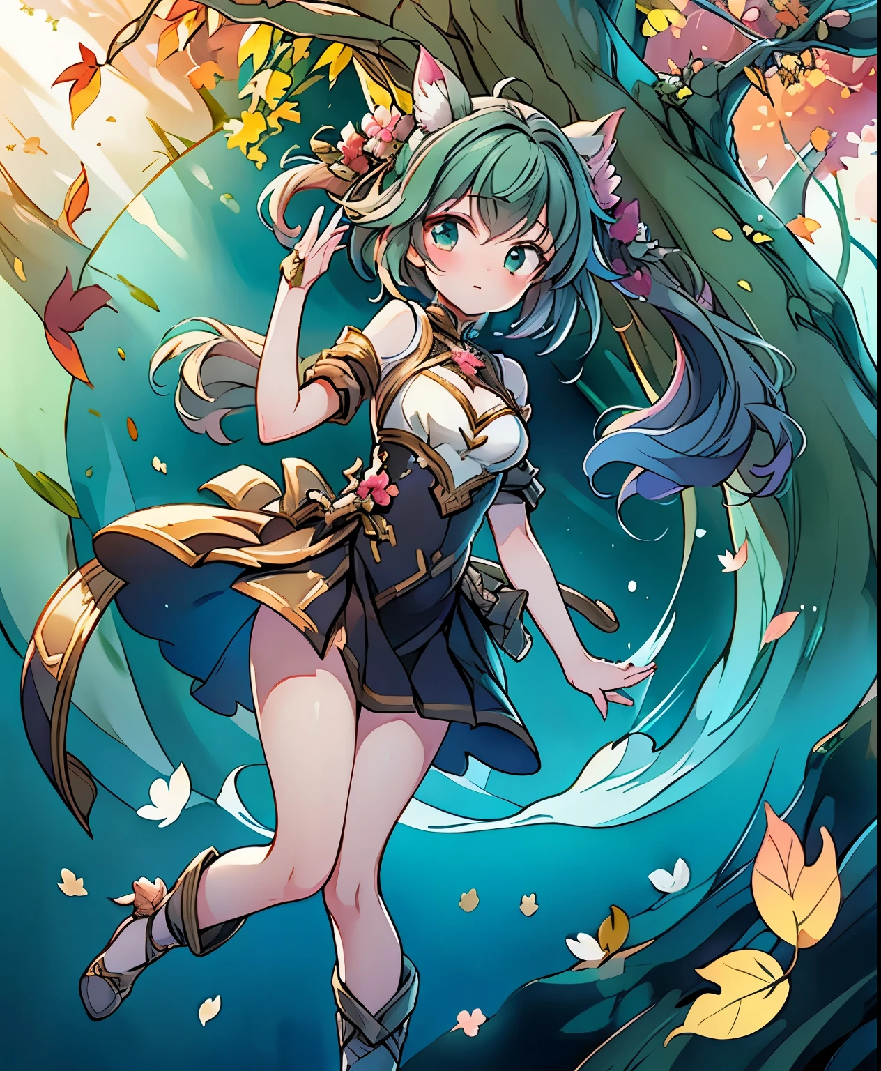 ( masterpiece、 Top Quality、 Top Quality、Official Art、 beautiful and beautiful :1.2)、(one girl from before the evening:1.3) ,、Light green twin-tail, beautiful breasts,"Encounter with Forest Spirits"
prompt : "cute girl, ((: 1.5)), (masterpiece: 1.2), (Top Quality: 1.2), (high image quality: 1.1), dramatic lighting, Brilliant Color Palette, Anime Artwork, anime style, key visual, Cinematic composition, Dreamy Watercolor Style Illustration with Delicate Details, Fisheye Effects and Dynamic Angles, Complete Full Body Shot . Meet Mysterious Forest Spirits Made with Autumn Leaves and Light、Amazing Girl, Glade in the Forest with Sunlight."