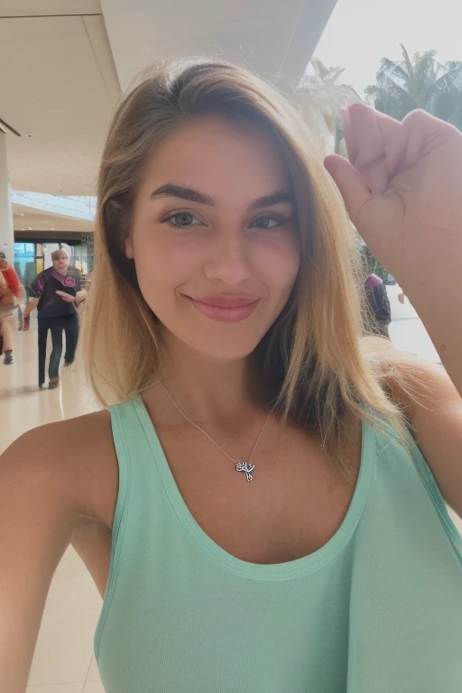 a smiling 23 year old blonde woman takes a selfie on the Croisette in Cannes, big sunny blue sky, Photorealism, Blonde Hair with Light Brown Roots, cheveux blond, Cheveux avec des racines brunes,  yeux bleus, belle femme, vue de face, un t-shirt de sport classique blanc, high quality, selfie