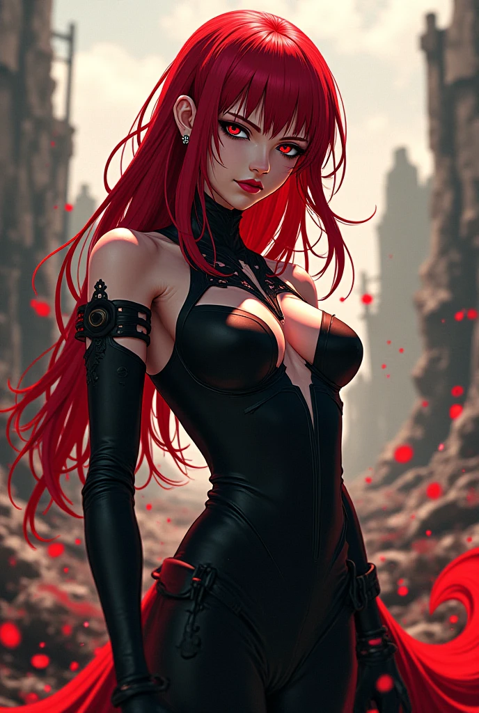 Masterpiece, Best Quality, Photorealistic, Rayne, Black Dress, vampire fangs, hair ribbons, Average Breasts,, bloods, dripping from the mouth,Bloodrayne,