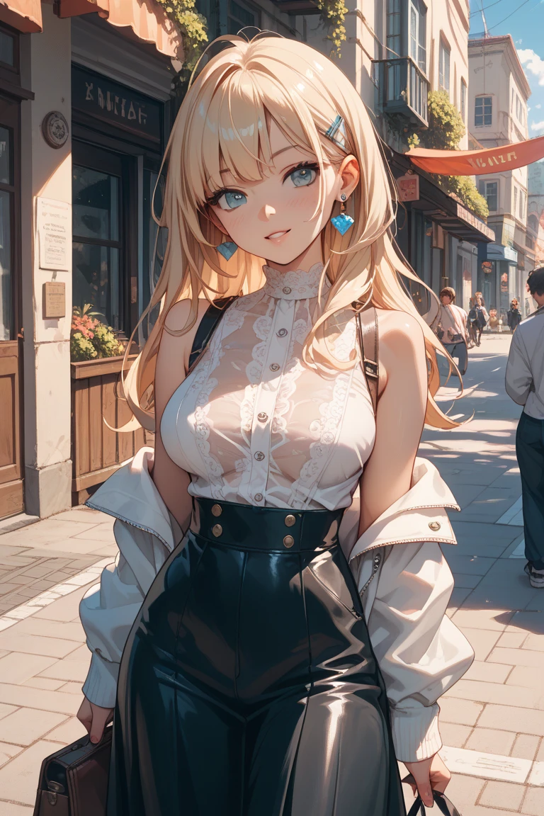 Pure white shirt,Blonde long hair,Small Bust,Cleavage,mini skirt,White panties