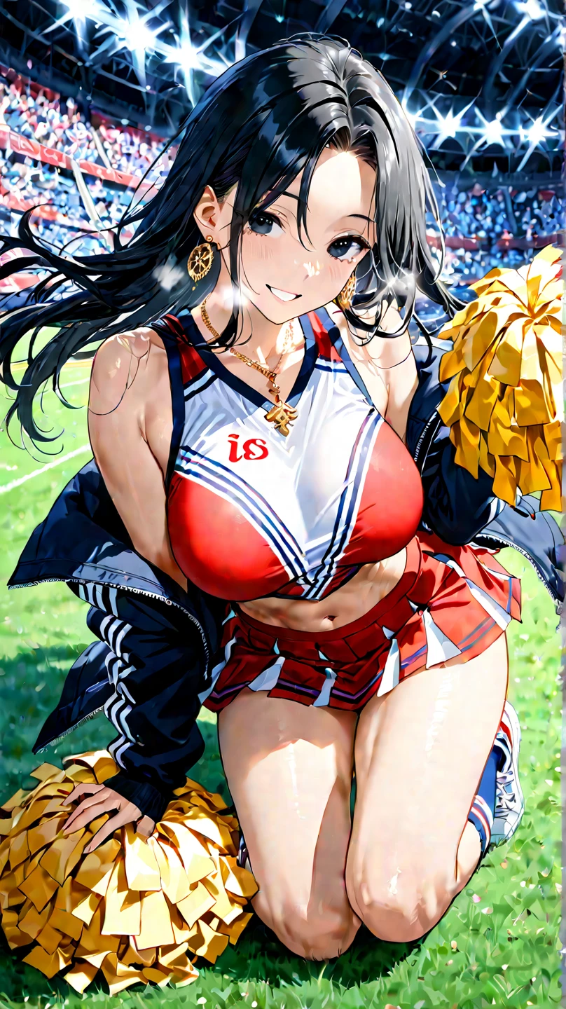 (masterpiece,Highest quality,超A high resolution),One Japanese woman, (((Very beautiful 16 year old girl))), pretty girl、Look at the photographer、 (()), Very cute face, Glossy lips, Double eyelids on both eyes,Natural smile、 Natural Makeup, Long eyelashes, Shiny and smooth hair、, Perfect limbs, Perfect Anatomy,(((Shiny cheer uniforms,Cheerleader,Cheerleader,Tube top))))Stadium,Saten Ruiko,Wet with sweat,(((マイクロTube top)))((((Open Mouth Smile,))))Dynamic pose